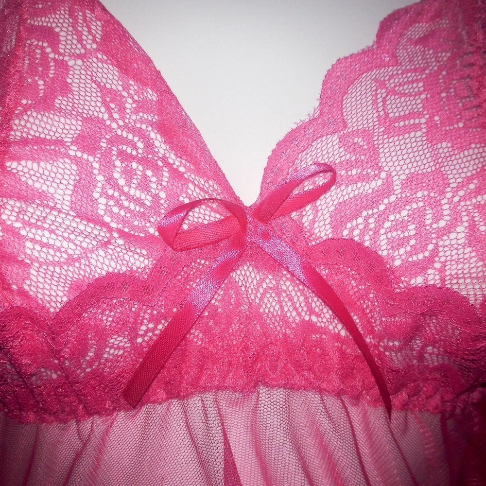 Sheer Pink Mesh Lace Handkerchief Babydoll Set O/S - Picture 4 of 7